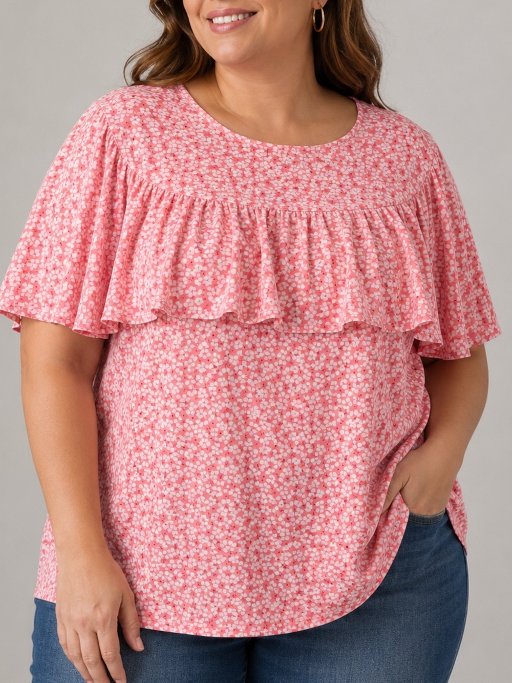 Ann Taylor Factory Pink Floral Ruffle Yoke Blouse Short Sleeve XXL